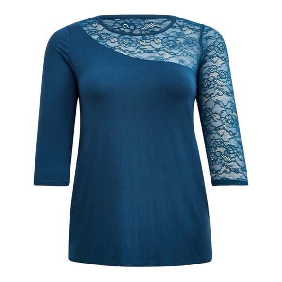 Torrid Super Soft Asymmetrical Lace Pieced Crew Neck Top Plus Size 4X Teal - Picture 6 of 9